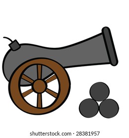 Vector cartoon illustration of an old cannon, with cannon balls on the side