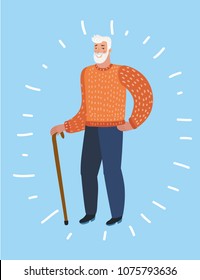 Vector cartoon illustration of old character. An elderly man with and walking cane. Vector illustration old man. Senior