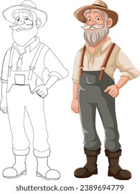 Vector cartoon illustration of an old farmer man with a beard and mustache