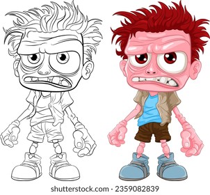 A vector cartoon illustration of an old, grumpy zombie man with pink skin, perfect for coloring