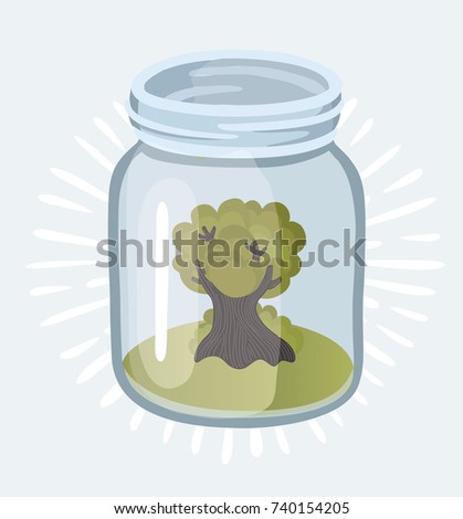 Vector cartoon illustration of old isolated tree plant growing in the glass jars. Garden eco system - ecology and enviroment concept. Objet on white background.