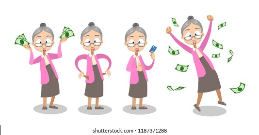 Vector cartoon illustration of old lady in pink sweater and gray skirt with banknotes of money in her hands. Vector illustration in cartoon flat style, isolated on a white background.