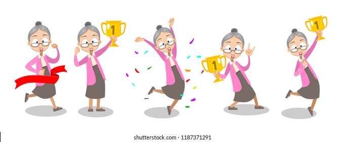 Vector cartoon illustration of old lady in pink sweater and gray skirt holding a trophy. Vector illustration in cartoon flat style, isolated on a white background