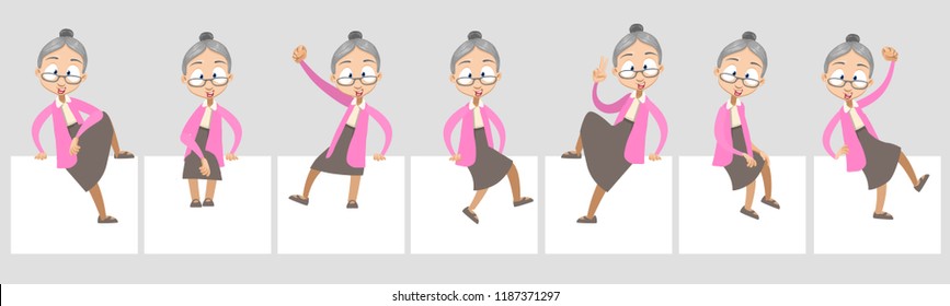 Vector cartoon illustration of old lady in pink sweater and gray skirt sitting on empty text brochure. Happy grandparents character design.Vector illustration in cartoon flat style