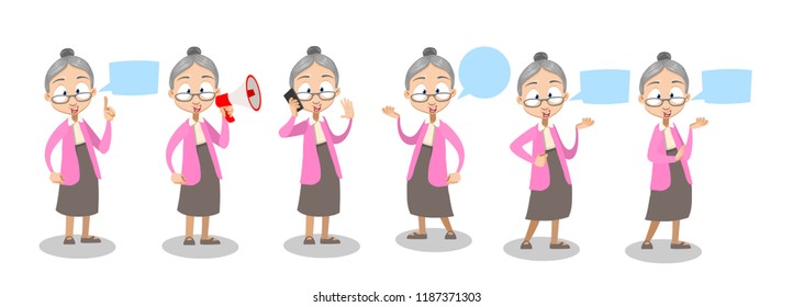 Vector cartoon illustration of old lady in pink sweater and gray skirt speaking into a shout or a megaphone. Vector illustration in cartoon flat style, isolated on a white background.