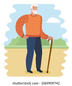 Vector cartoon illustration of old man with walking cane in the park