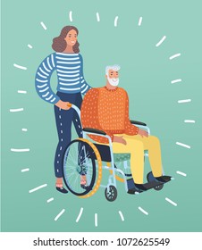 Vector cartoon illustration of old man disabled in wheelchair with assistance or relative: Helping, care