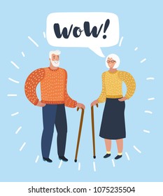 Vector cartoon illustration of Old man and old women with walking cane talking. Talk of spouse or friends. Bubble speech above.