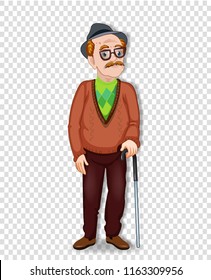 Vector cartoon illustration of an old man character. An elderly full length man with glasses and walking cane wearing hat isolated on transparent background. Grandpa standing alone.