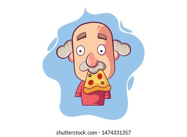 Vector Cartoon Illustration Of Old Man Eating Bread Piece. Isolated On White Background.