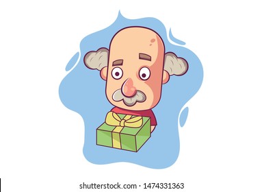 Vector cartoon illustration of old man with gift box. Isolated on white background.