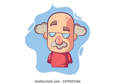Vector cartoon illustration of old man wearing glasses. Isolated on white background.
