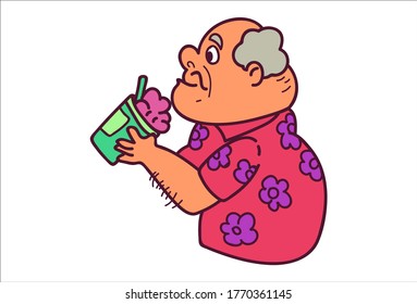 Vector cartoon illustration of old man eating ice cream. Isolated on white background.