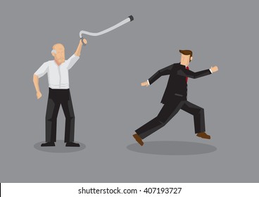 Vector Cartoon Illustration Of Old Man Using Walking Cane To Chase Away Salesperson Isolated On Grey Background.