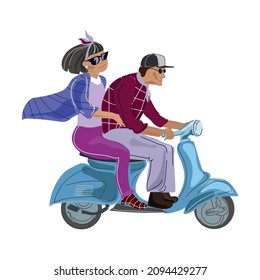Vector cartoon illustration of old people driving a scooter ,vector illustration on a white background. Elderly happy couple traveling on a scooter. Active pensioners lifestyle