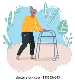 Vector cartoon illustration of Old woman walk with her walker outside.