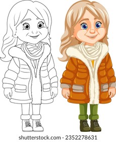 Vector cartoon illustration of an old woman wearing glasses, a beanie hat, and a Parka fur jacket for winter