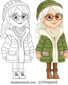 Vector cartoon illustration of an old woman wearing glasses, a beanie hat, and a Parka fur jacket for winter