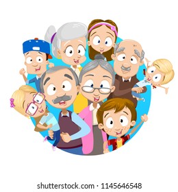 Vector cartoon illustration of older senior people together with grand children. Illustration on blue circle background