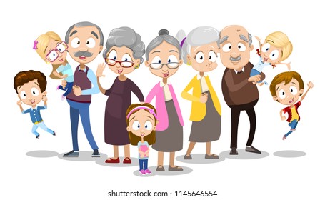 Vector cartoon illustration of older senior people together with grand children. Isolated on white background