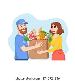 Ilustración de dibujos animados sobre el tema de la entrega de alimentos. El с alimentador lleva comida a casa. Diseño plano