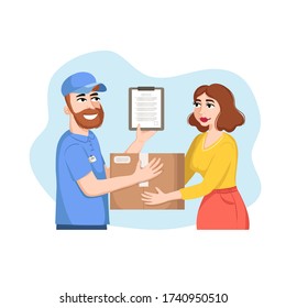 Vector cartoon illustration on the theme of order delivery, express delivery, service. Courier delivered the box to the customer. Flat design