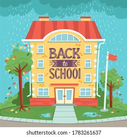 Vector cartoon illustration on the theme of education. Background with schoolyard exterior. Back to school. Flat art