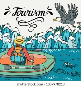 Vector cartoon illustration on the theme of tourism and travel. Colorful poster with landscape, wild nature and bird