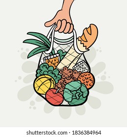 Vector cartoon illustration on the theme of food, delivery, donation, valanteering, food sharing. Colorful background with string bag with fruits, vegetables, bread, cookies, cereals