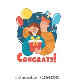 Vector cartoon illustration on the theme of gift giving, celebration, greetings, surprise, congratulations, birthday, holiday. Young man makes a present for a woman. Colorful background