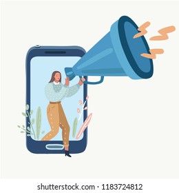 Vector cartoon illustration of online advertising concept, smm and online marketing. Woman with megaphone walking out of the screen and speaking to people on white background.