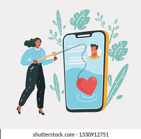 Vector cartoon illustration of Online dating. Couple, love, dating app, virtual love. Woman with love try to find love with heart road.