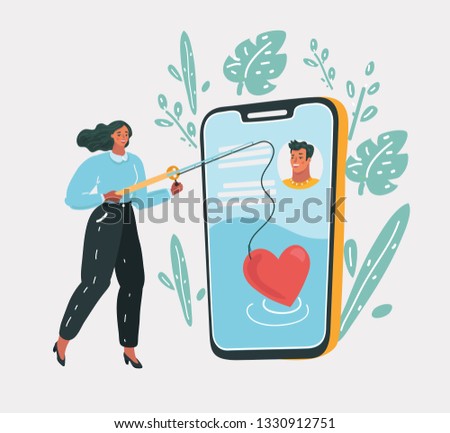 Vector cartoon illustration of Online dating. Couple, love, dating app, virtual love. Woman with love try to find love with heart road.