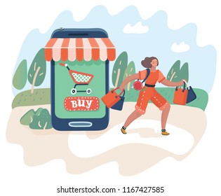 Vector cartoon illustration of online shopping and consumerism concept. Web concept electronic business sales. Woman leaves the store with the purchases. Smartphone-market.