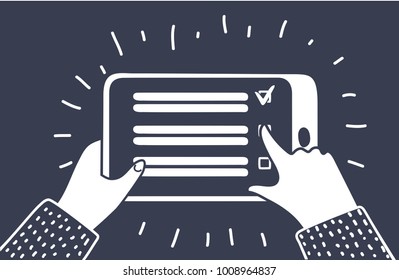 Vector cartoon illustration of Online survey, checklist. Hand holds tablet and finger touch screen. Feedback concept. Minimalistic design for web site, mobile app. Black, white outline modern concept