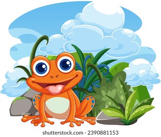 A vector cartoon illustration of an orange frog in its natural habitat