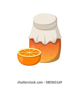 Vector cartoon illustration with orange jam jar. Sweet jelly marmalade glass bottle. Homemade sugar preserves icon. Fruit food object