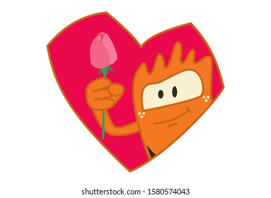 Vector cartoon illustration of orange monster holding rose in hand. Isolated on white background. 
