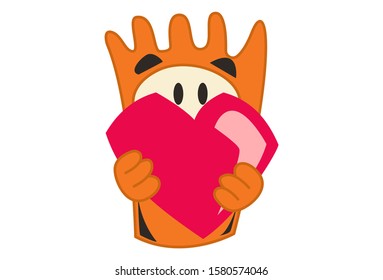 Vector cartoon illustration of orange monster holding red heart. Isolated on white background.