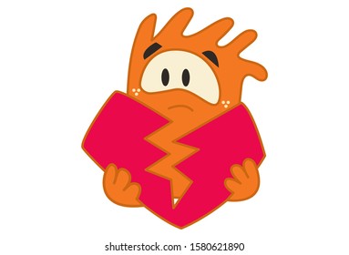 Vector cartoon illustration of an orange monster with a broken heart. Isolated on white background.