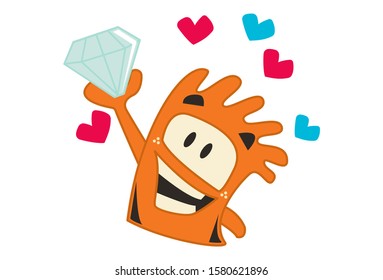 Vector cartoon illustration. Orange monster holding diamond in hand. Isolated on white background.