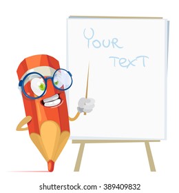 Vector cartoon illustration orange pencil mascot character in glasses standing near the information stand