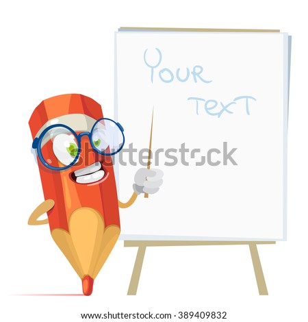 Vector cartoon illustration orange pencil mascot character in glasses standing near the information stand