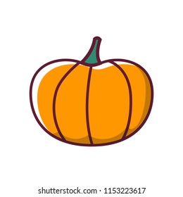 Vector cartoon illustration with orange pumpkin. Fresh vegetable food icon. Autumn or Halloween object isolated on white background. Orange cartoon pumpkin