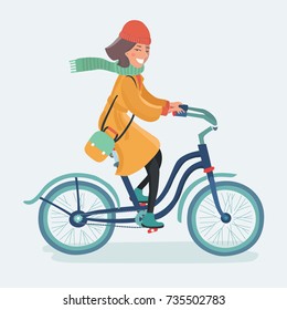 Vector cartoon illustration of outdoor fashion portrait of elegant lady riding her hipster retro bike in vintage stylish yellow coat heat. Enjoy fall autumn day on white background.