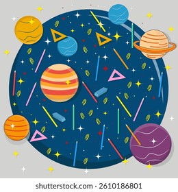 Vector cartoon illustration of outer space with colorful planets, stars, pencils, rulers, erasers, and paper clips on a dark blue background.