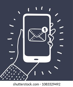 Vector cartoon illustration of Outline email icon. Envelope pictogram on display. Line mail symbol for website design, mobile application, ui. Hand hold smartphone. Black and white modern concept. Vector cartoon illustration of Outline email icon. Envelope pictogram on display. Line mail symbol for website design, mobile application, ui. Hand hold smartphone. Black and white modern concept.