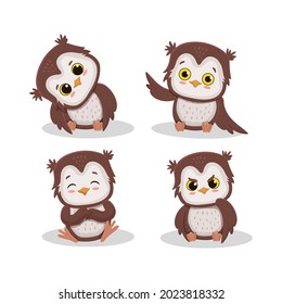 Vector cartoon illustration of owl character with different poses and emotions.Vector illustration