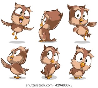 Vector cartoon illustration of owl character with different poses and emotions