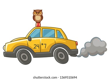 Vector cartoon illustration of Owl is sitting on taxi. Isolated on white background.	
